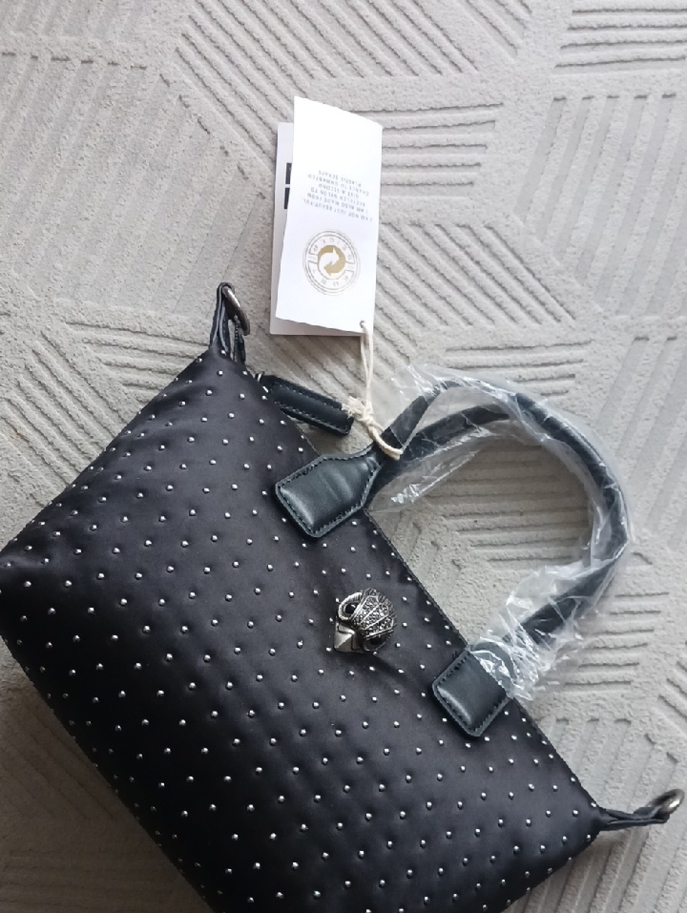 Kurt Geiger Studded Satin Black Crossbody Tote Bag NWT With Branded Dusty - Picture 2 of 7